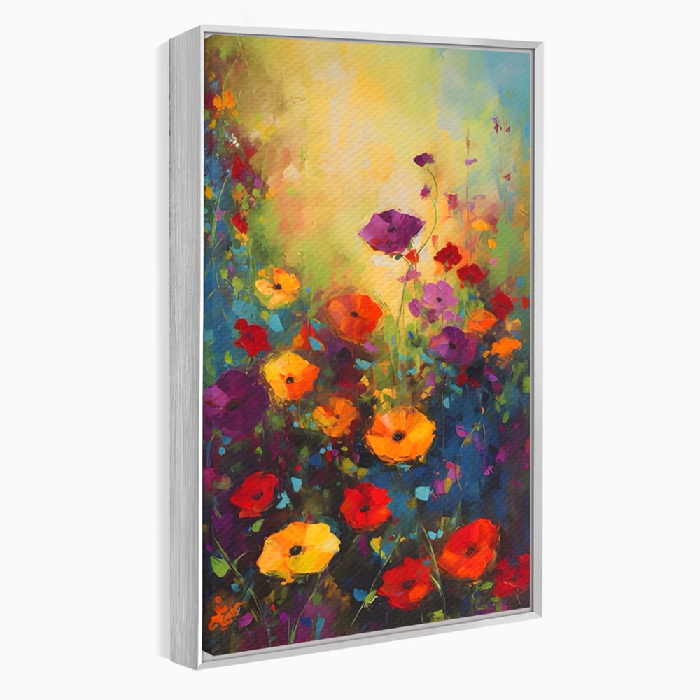 Tablou canvas cu pictura camp cu flori colorate, in rama de aluminiu argintiu